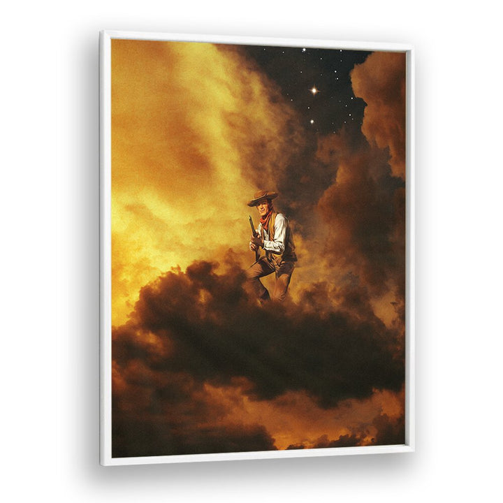COWBOY I, SURREAL ART PRINTS by Taudalpoi features a cowboy surrounded by vibrant clouds and a starry sky.
