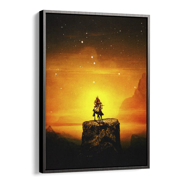 COWBOY III, SURREAL ART PRINTS by Taudalpoi, features a striking cowboy silhouette against a glowing sunset backdrop.