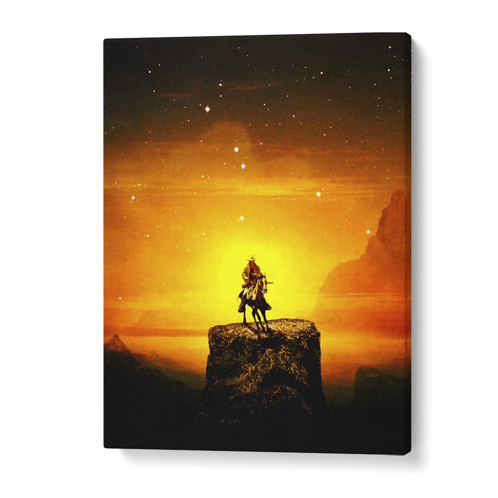 COWBOY III, SURREAL ART PRINTS by Taudalpoi, showcasing a mesmerizing sunset scene with a lone cowboy on a horse.
