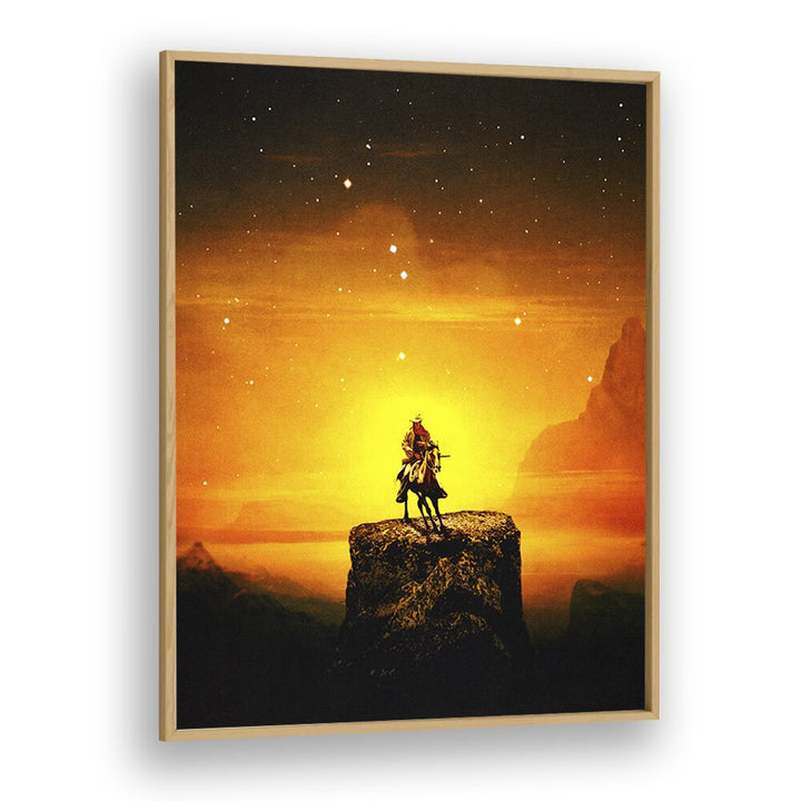 COWBOY III, SURREAL ART PRINTS by Taudalpoi showcases a striking cowboy silhouette against a glowing sunset backdrop.