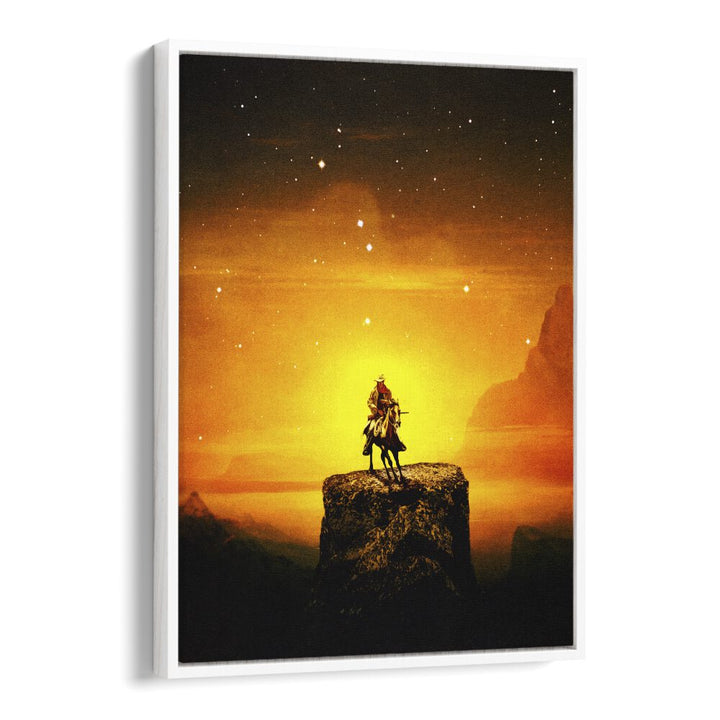 COWBOY III, SURREAL ART PRINTS by Taudalpoi features a striking cowboy silhouette against a vibrant sunset backdrop.