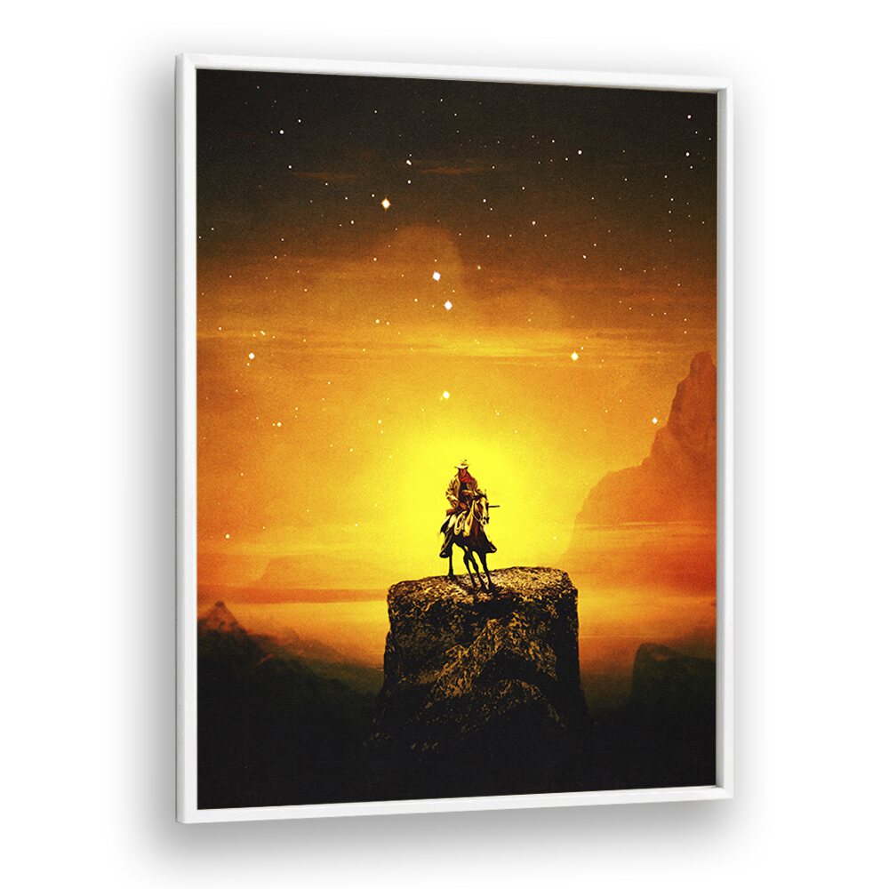 COWBOY III, SURREAL ART PRINTS by Taudalpoi features a striking cowboy against a vibrant sunset backdrop.