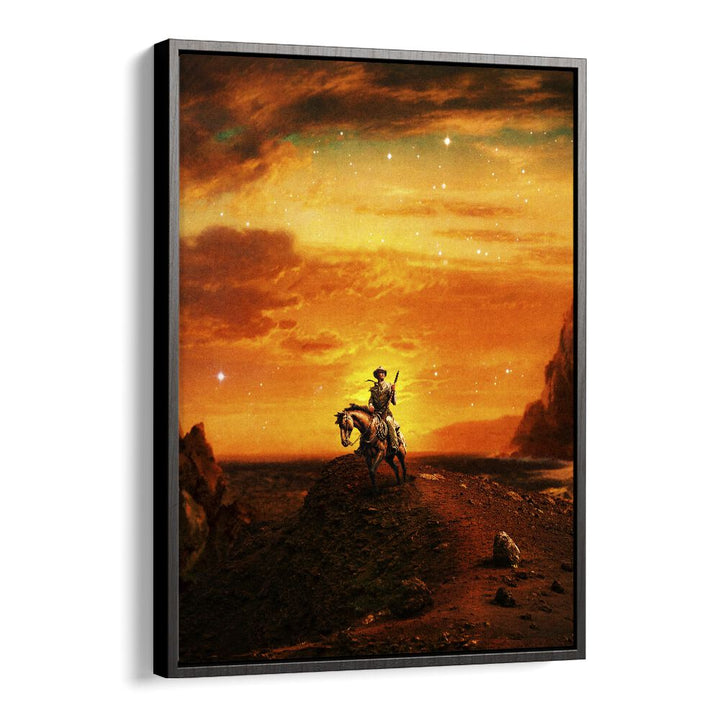 COWBOY IV, SURREAL ART PRINTS by Taudalpoi features a stunning cowboy against a vibrant orange landscape.