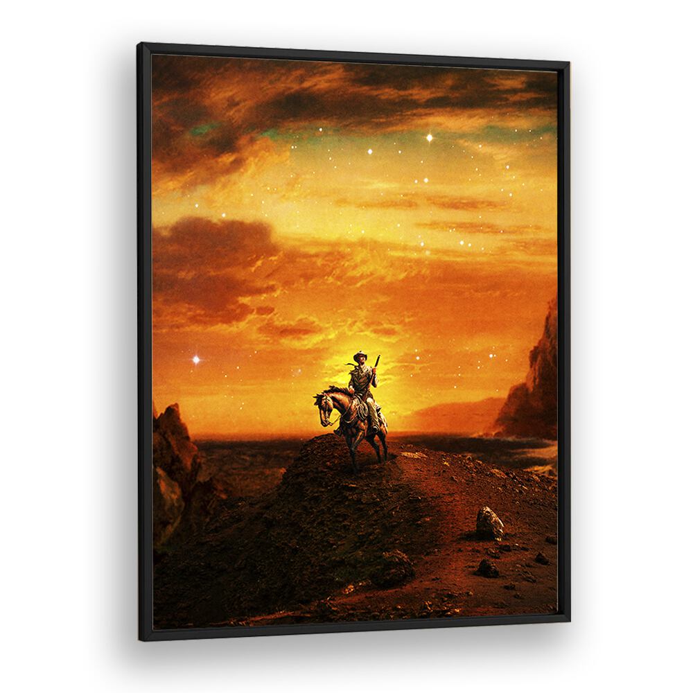 COWBOY IV, SURREAL ART PRINTS by Taudalpoi features a striking cowboy against a vibrant sunset backdrop.