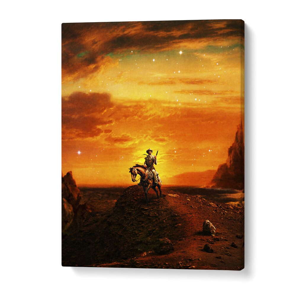 Stunning COWBOY IV, SURREAL ART PRINTS by Taudalpoi, featuring a captivating cowboy against an enchanting sunset.