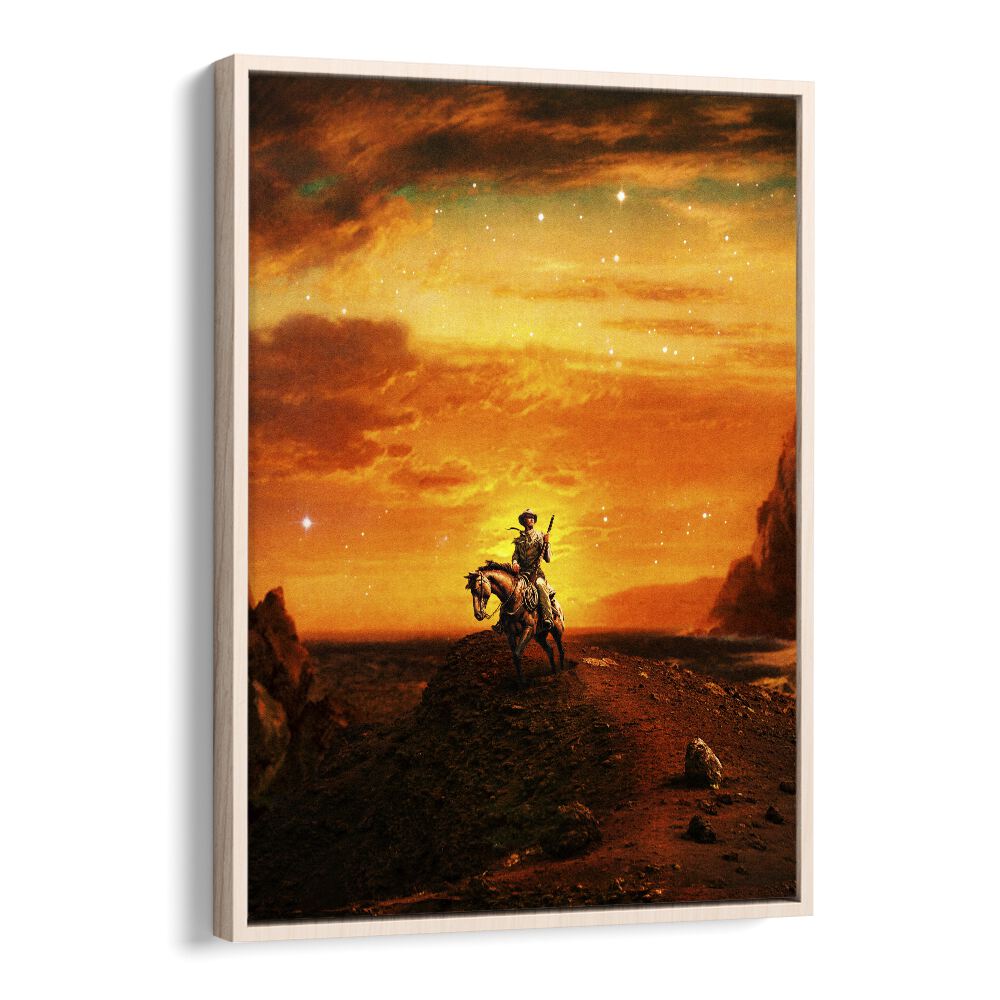 COWBOY IV, SURREAL ART PRINTS by Taudalpoi showcases a captivating cowboy in a stunning sunset landscape.