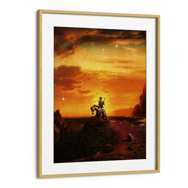 Explore the COWBOY IV, SURREAL ART PRINTS by Taudalpoi, featuring vibrant colors in a chic oak frame.