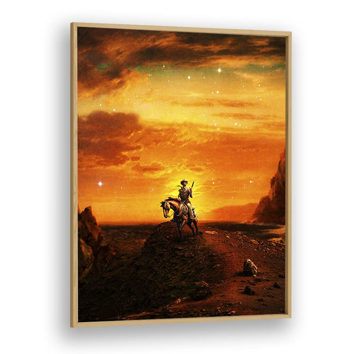 COWBOY IV, SURREAL ART PRINTS by Taudalpoi features a striking cowboy against a vibrant sunset backdrop.