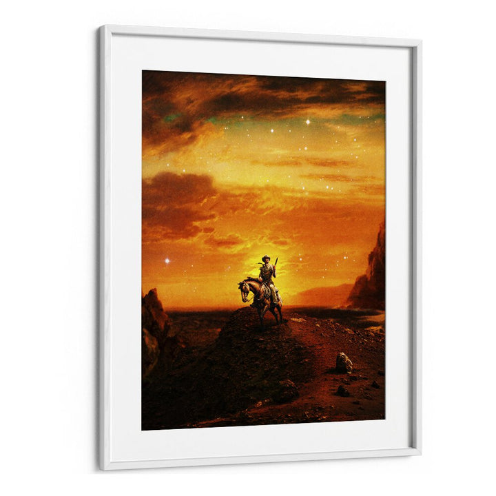 COWBOY IV, SURREAL ART PRINTS by Taudalpoi features a striking cowboy against a vibrant sunset landscape.