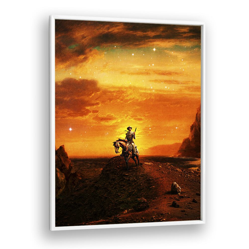 COWBOY IV, SURREAL ART PRINTS by Taudalpoi features a striking cowboy against a vibrant sunset backdrop.