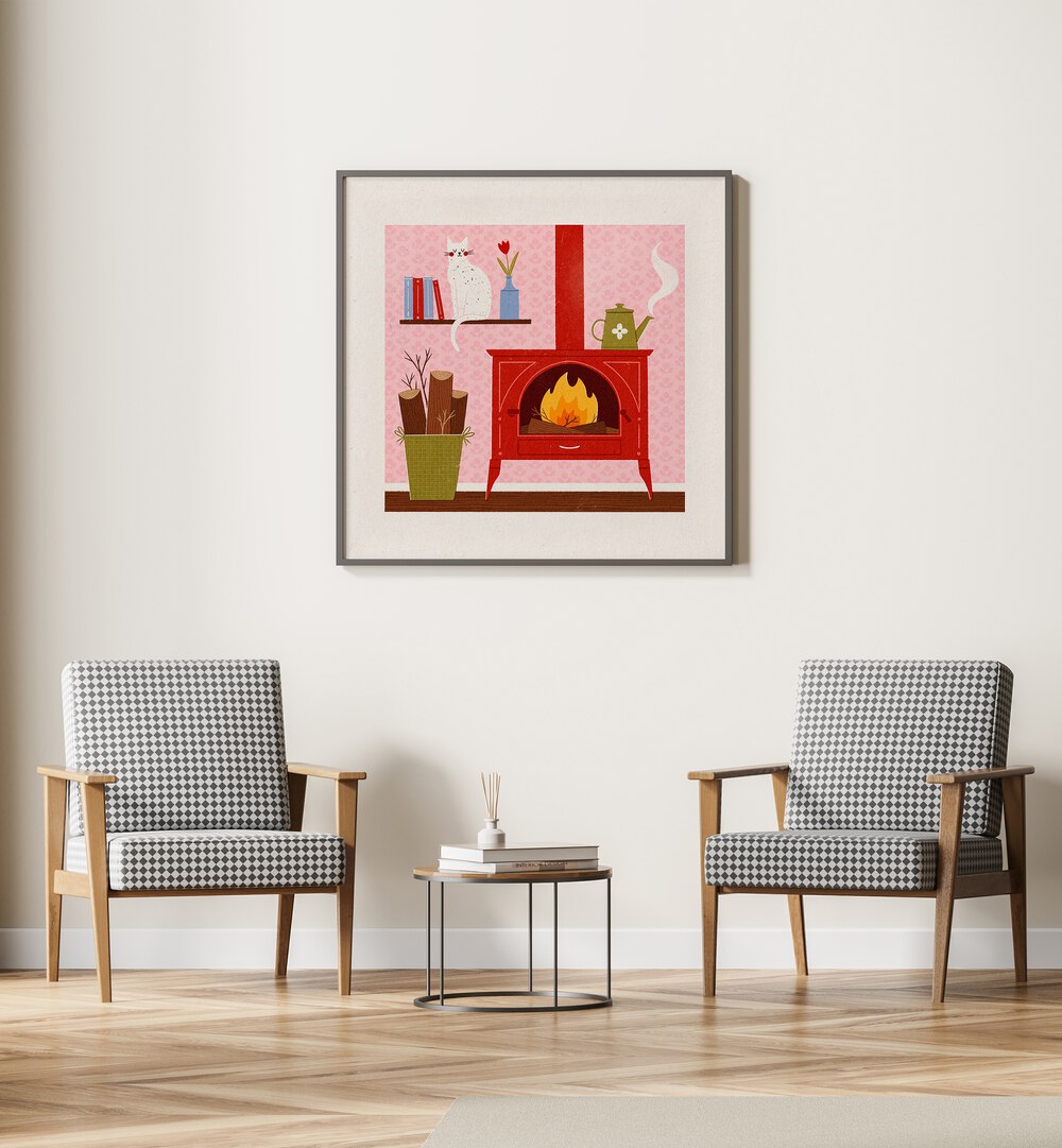 Cozy Corner By Julia Leister Wall Art Prints in Black Frame With Mount on a wall placed behind and in between two chairs