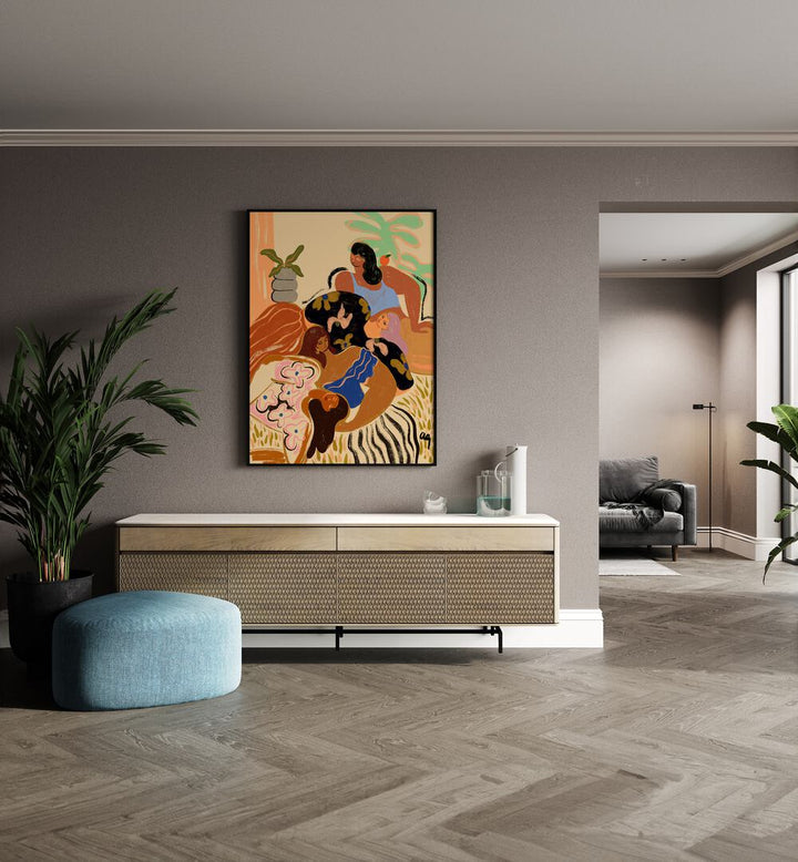 Cozy Wozy By Arty Guava Wall Art Prints in Black Plain Frame placed on a Beige Colored Wall above a Console Table in the Drawing Room