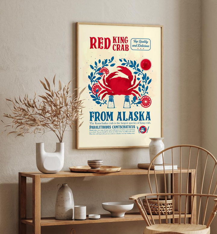 Crab Kitchen Print by Studio Mandariini Kitchen Posters Kitchen Art Prints in Oak Wood Plain Frame placed on a wall behind a table