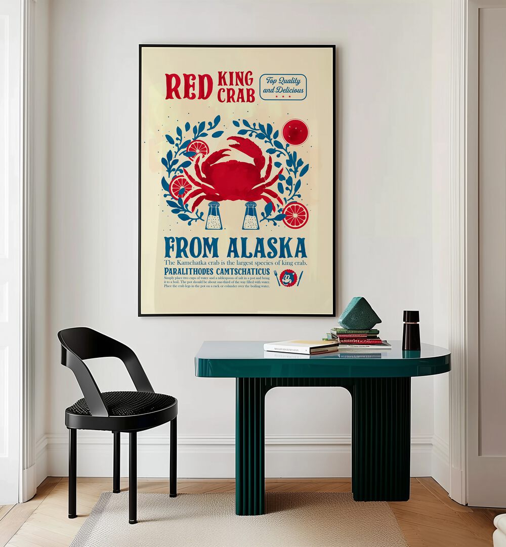 Crab Kitchen Print by Studio Mandariini Kitchen Posters Kitchen Art Prints in Black Plain Frame placed on a wall behind a study table