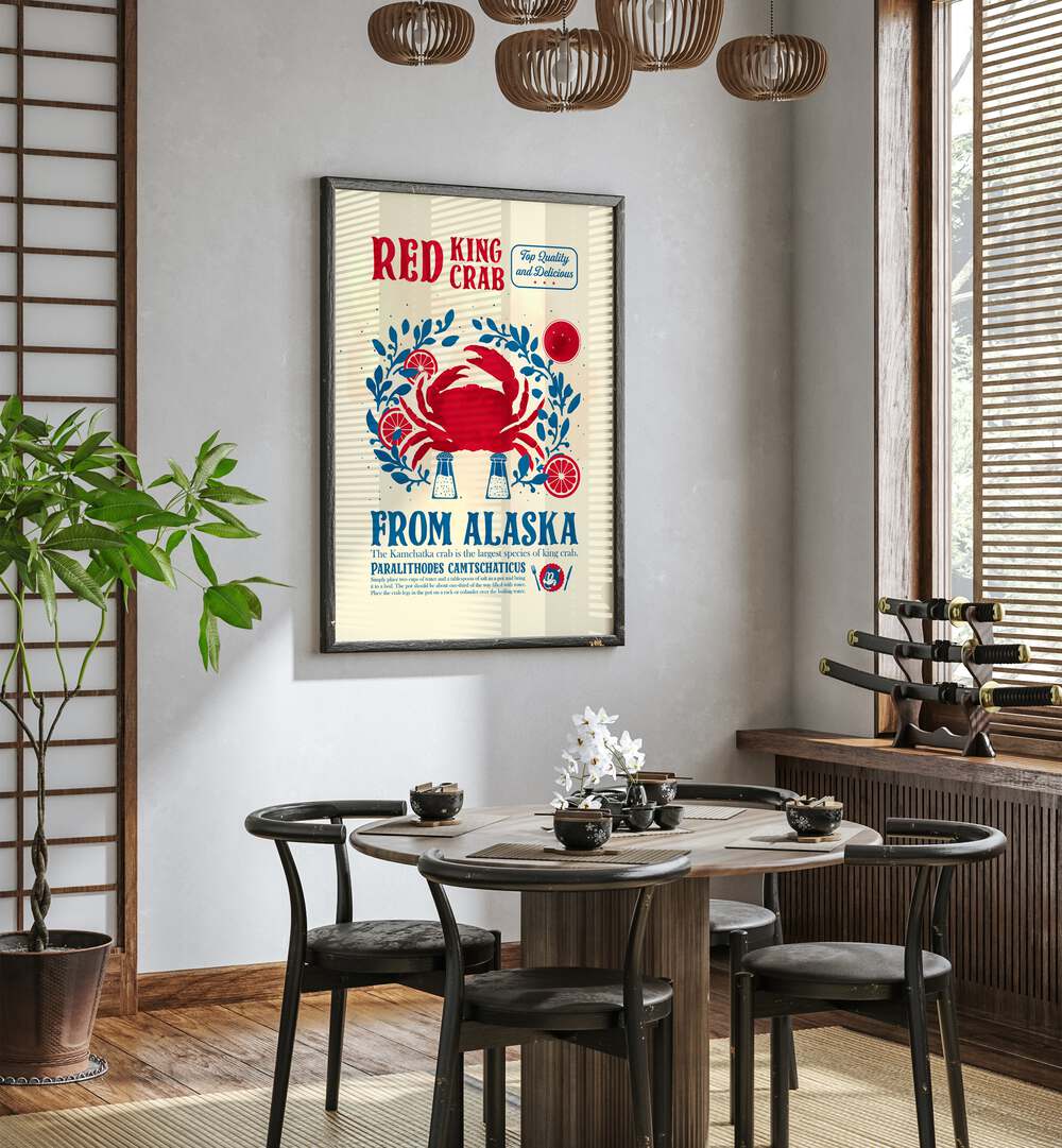 Crab Kitchen Print by Studio Mandariini Kitchen Posters Kitchen Art Prints in Black Plain Frame placed on a wall beside a window and behind a dining table for dining area