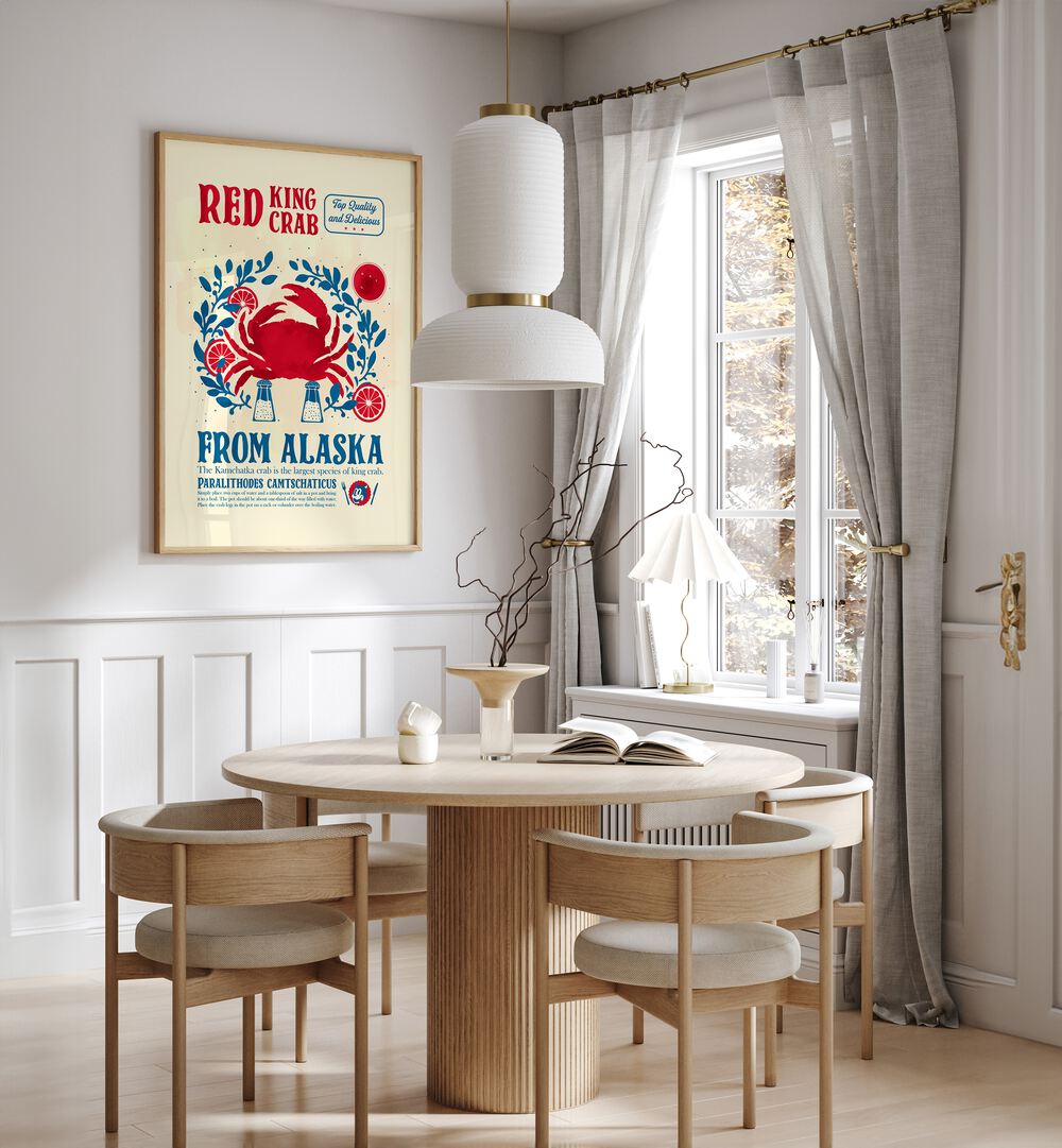 Crab Kitchen Print by Studio Mandariini Kitchen Posters Kitchen Art Prints in Oak Wood Plain Frame placed on a wall in a dining room area beside a window and behind a dining table