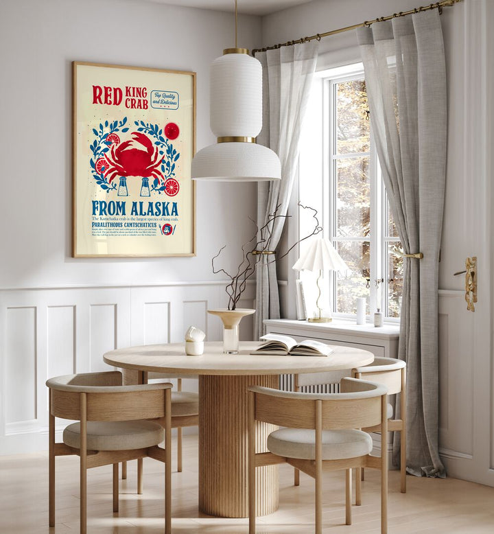 Crab Kitchen Print by Studio Mandariini Kitchen Posters Kitchen Art Prints in Oak Wood Plain Frame placed on a wall in a dining room area beside a window and behind a dining table