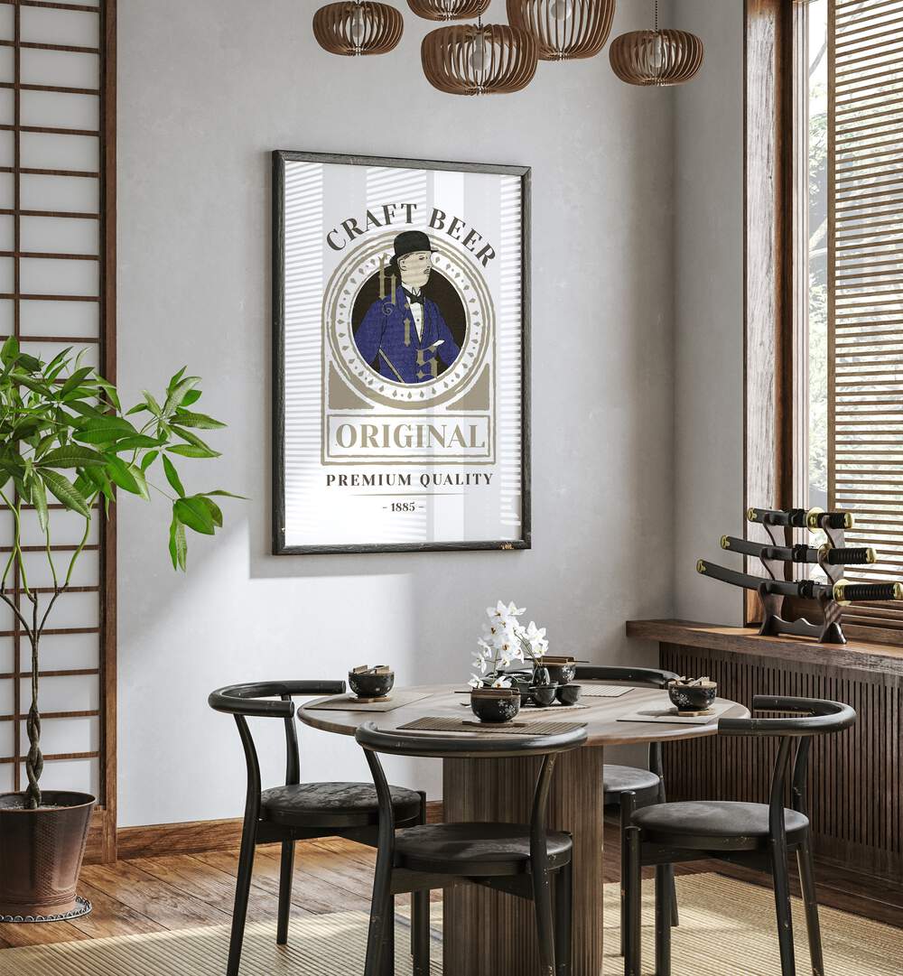 Craft Beer Cafe Art Prints Cafe Posters in Black Plain Frame placed on a wall in a dining room area beside a window and behind a dining table