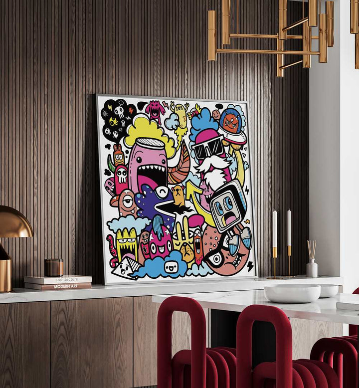 Crazy Quips Doodle Art Painting in Black Plain Frame placed on table