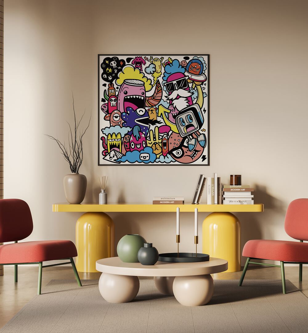 Crazy Quips Doodle Art Painting in Black Plain Frame placed on wall behind a table