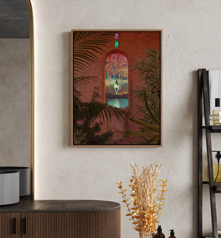 Creation By Cosmo Zach Surreal Art Prints Surrealism in Oak Wood Floater Frame placed on a wall behind a console table