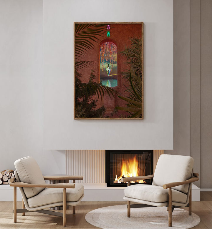 Creation By Cosmo Zach Surreal Art Prints Surrealism in Oak Wood Plain Frame placed on a wall above  a fire area behind chairs