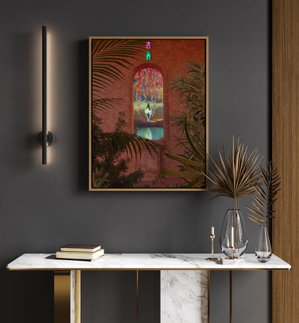 Creation By Cosmo Zach Surreal Art Prints Surrealism in Oak Wood Floater Frame placed on a wall behind a table