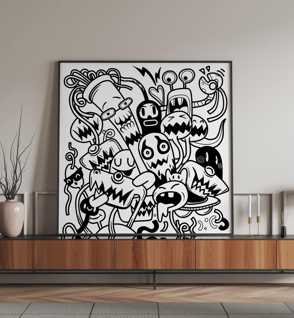 Creative Chaos Doodle Art Painting in Black Plain Frame placed on table