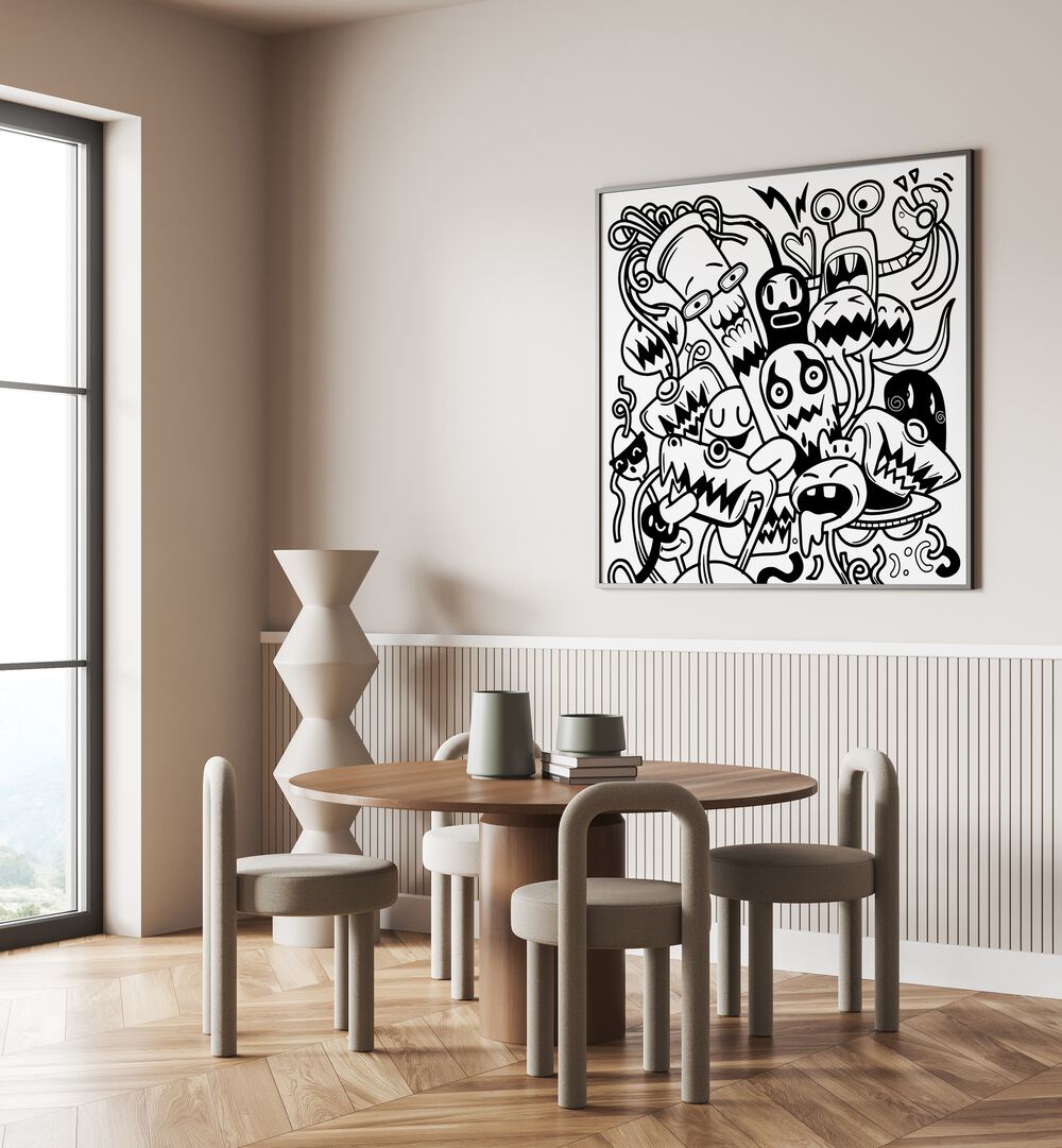 Creative Chaos Doodle Art Painting in Black Plain Frame placed on wall behind a dinning table