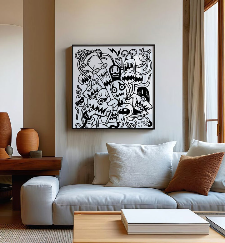 Creative Chaos Doodle Art Painting in Black Plain Frame placed on wall behind a sofa