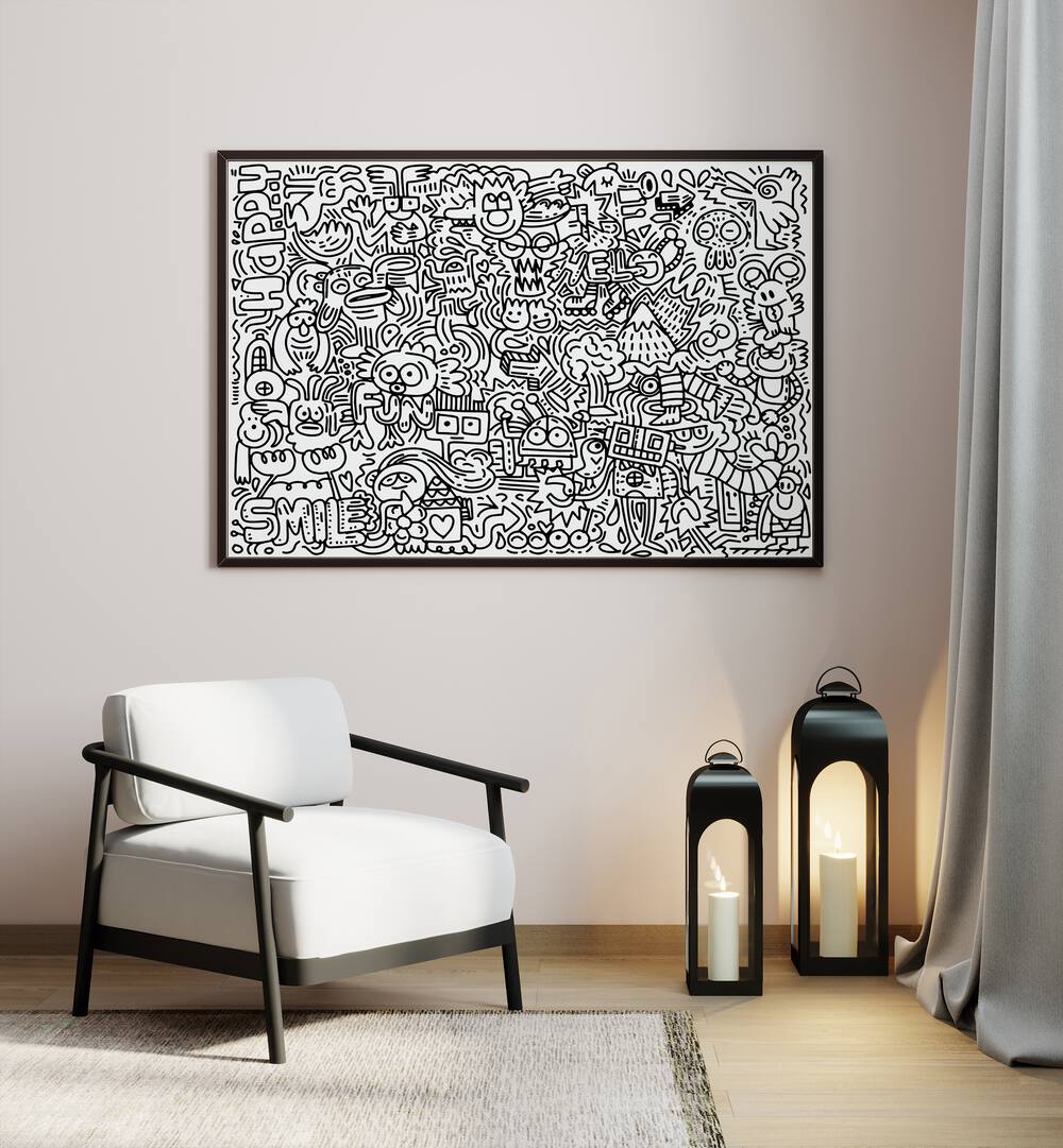 Creature Carnival Doodle Art Painting in Black Plain Frame placed on a wall behind a chair