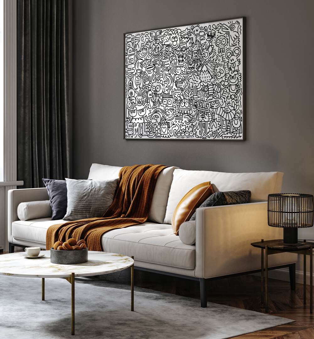 Creature Carnival Doodle Art Painting in Black Plain Frame placed on wall behind a sofa