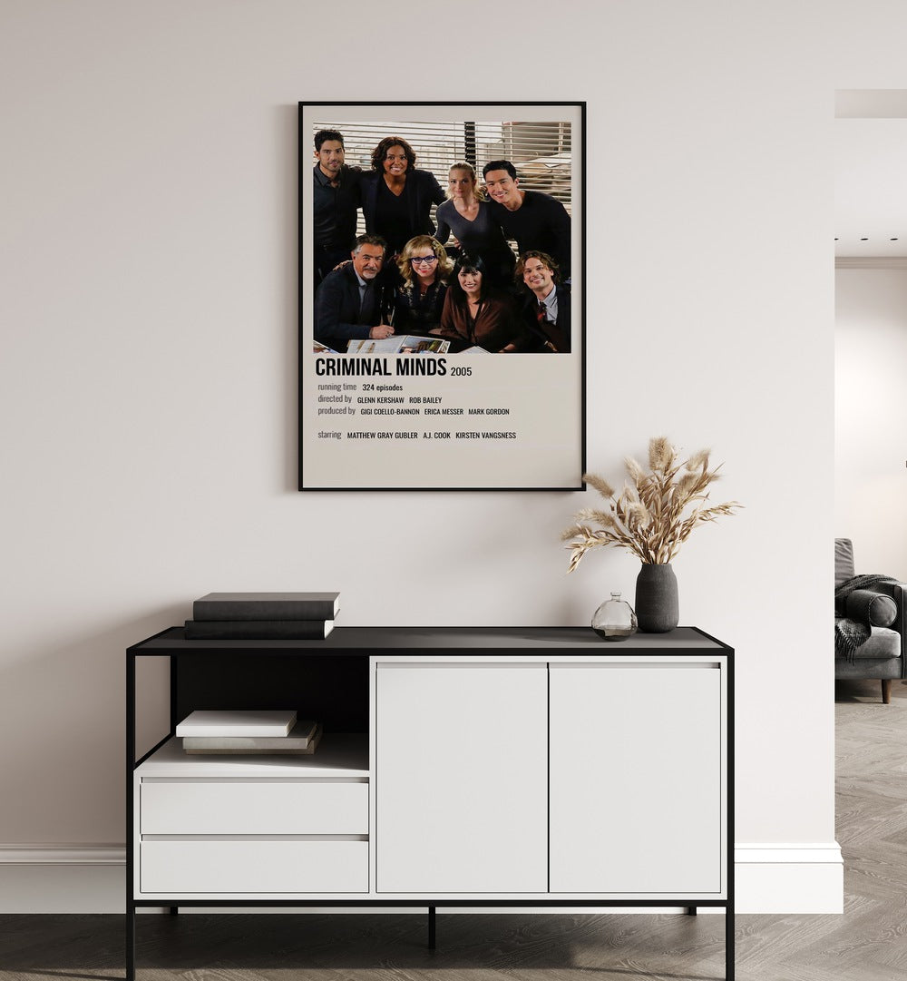 Criminal Minds 2005 Movie Posters in Black Plain Frame hanging on wall above console table