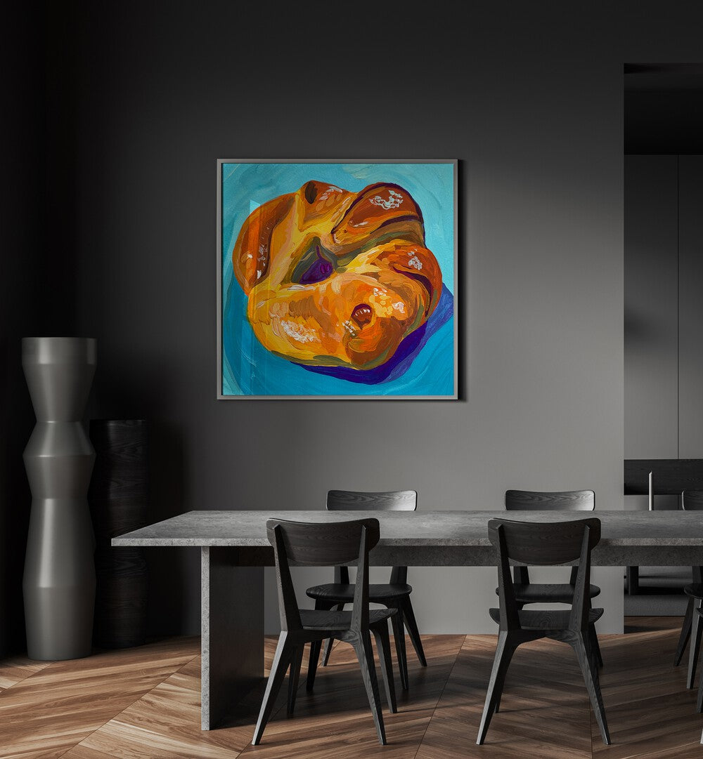 Croissant By Key And Sea Creative Bar and Cafe Art in Black Plain Frame behind a dining are on a grey wall