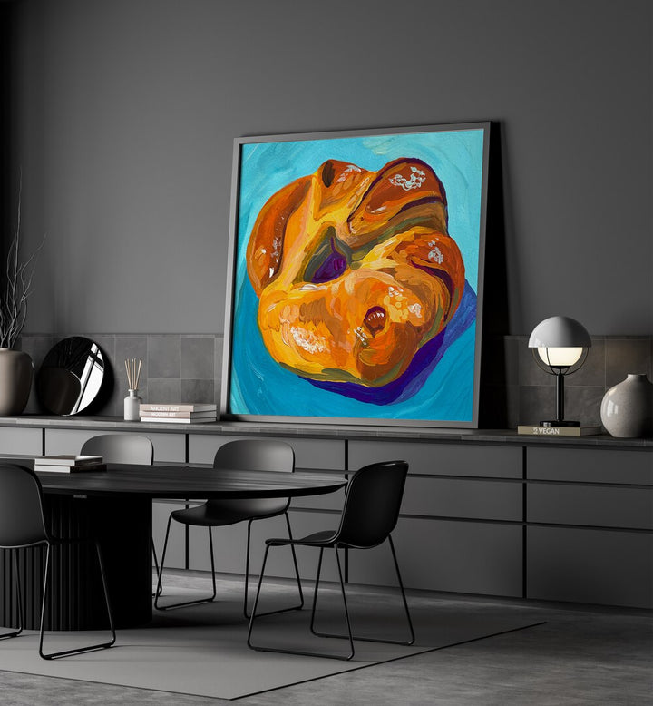 Croissant By Key And Sea Creative Bar and Cafe Art in Black Plain Frame on a black console table beside a lamp