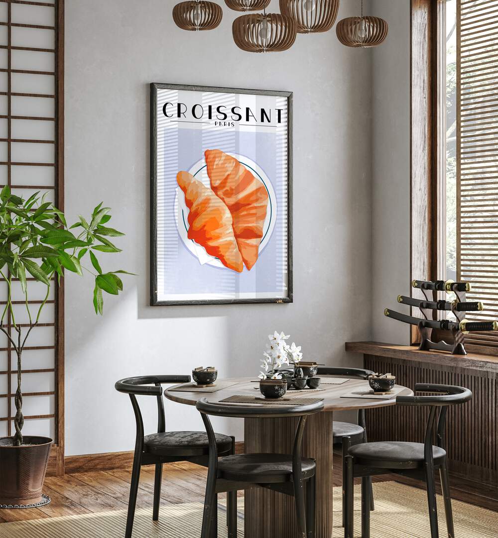 Croissant-Paris Cafe Art Prints Cafe Posters in Dark Wood Plain Frame placed on a White Colored Wall near a Coffee Table in the Dining Room