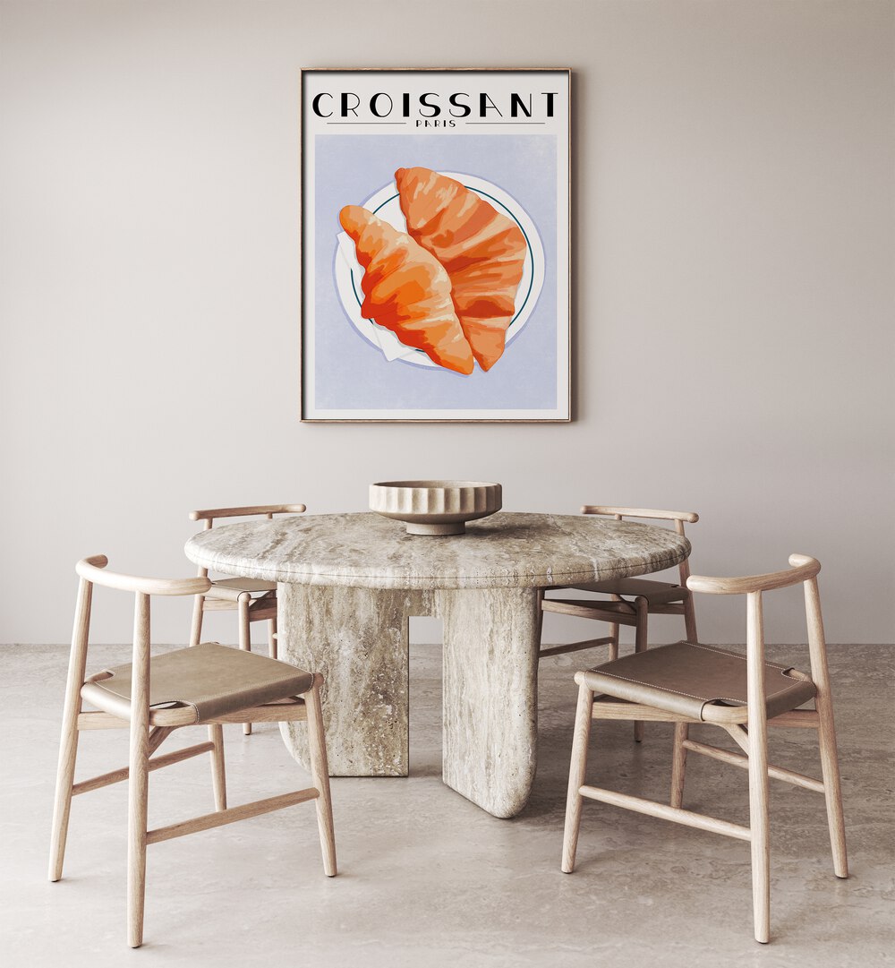 Croissant-Paris-Cafe-Art-Prints-Cafe-Posters-Artwork-I placed on a Cream Colored Wall near a Coffee Table in the Dining Room