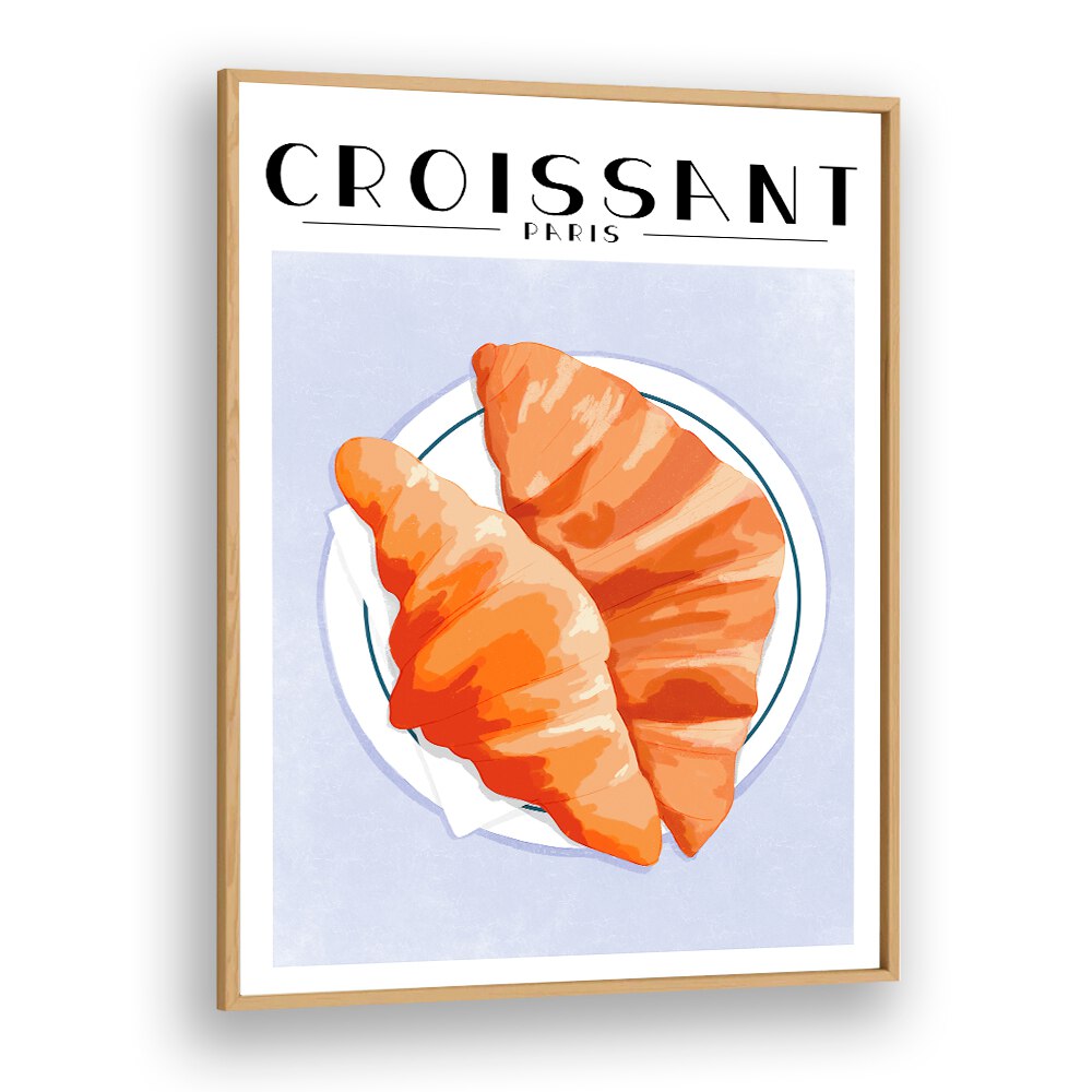 Croissant-Paris Cafe Art Prints Cafe Posters in Oak Wood Plain Frame