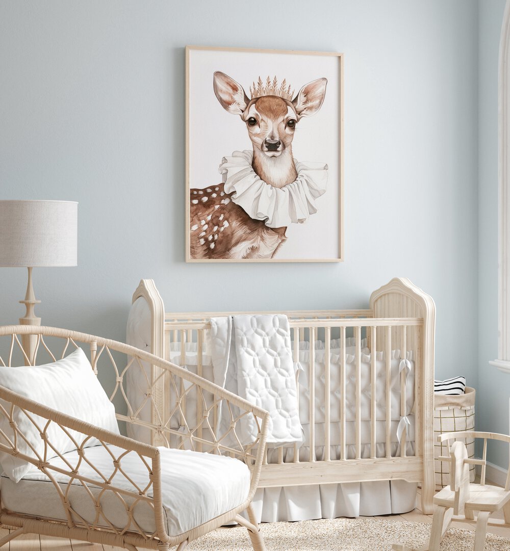 Crowned Stag Sovereignty Kids Room Paintings Kids Room Wall Art in Oak Wood Plain Frame placed on a wall in a kids room behind an infant's bed