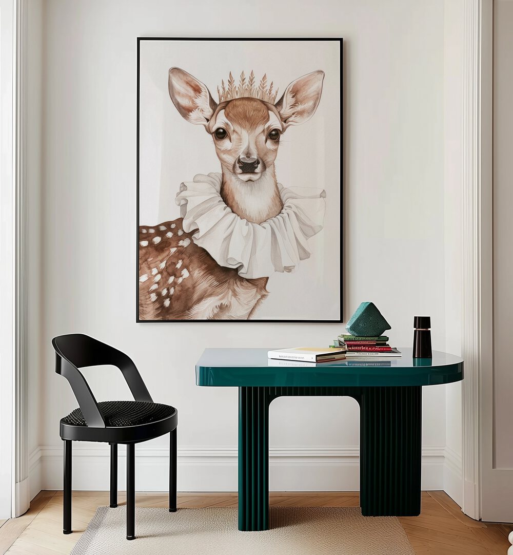 Crowned Stag Sovereignty Kids Room Paintings Kids Room Wall Art in Black Plain Frame placed on a wall behind a study table