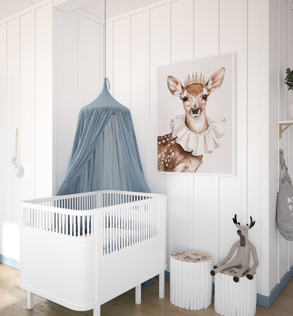 Crowned Stag Sovereignty Kids Room Paintings Kids Room Wall Art in White Plain Frame placed on a wall in a kids room beside an infant's bed