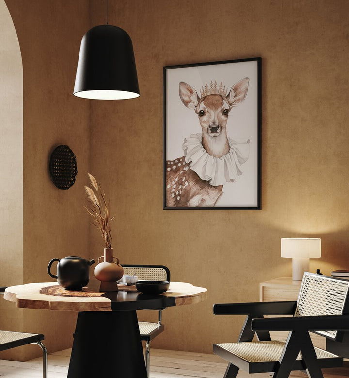 Crowned Stag Sovereignty Kids Room Paintings Kids Room Wall Art in Black Plain Frame placed on a wall behind a dining table and beside a window for dining area