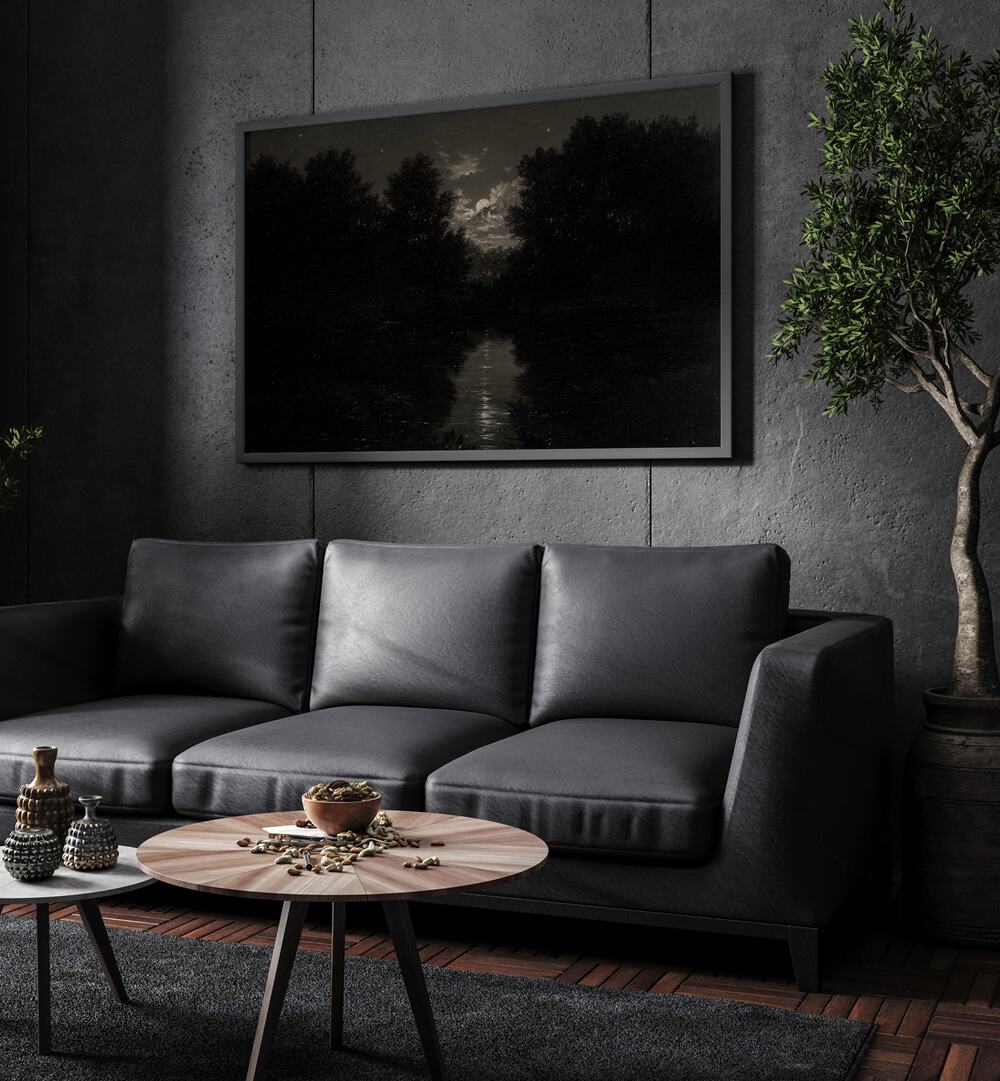 Cryptic Solace Lost In Gothic Reverie I Gothic Art Prints in Black Plain Frame hanging on a wall above black leather couch beside a plant.