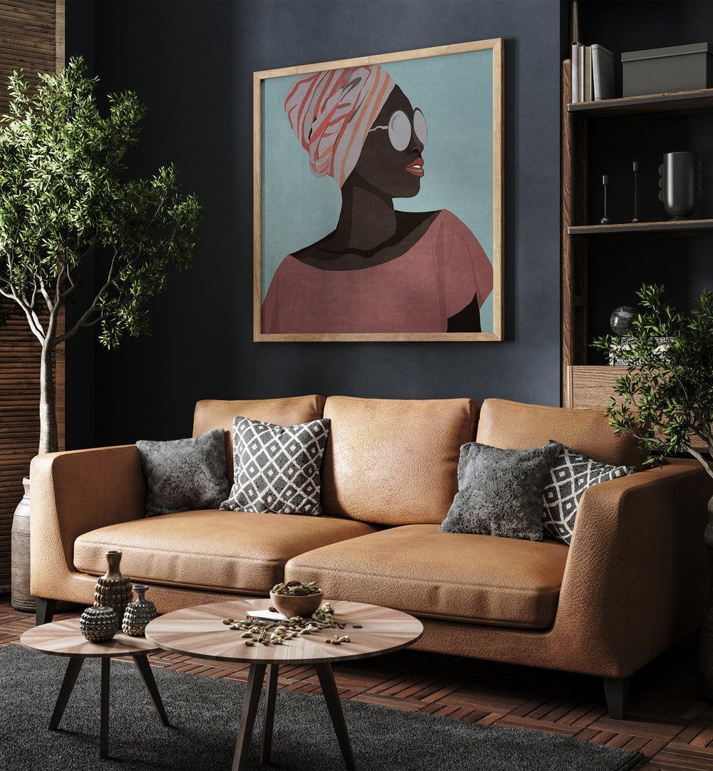 Cuban Turkuaz By Emel Tunaboylu Women Illustrations paintings in Oak Wood Plain Frame placed on a wall behind a sofa for living room