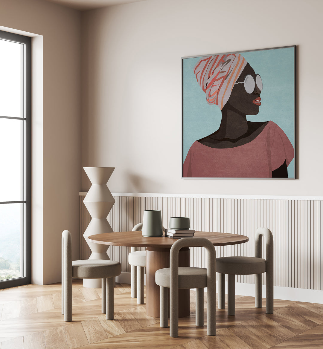 Cuban Turkuaz By Emel Tunaboylu Women Illustrations paintings in Black Plain Frame placed on a wall behind a dining table