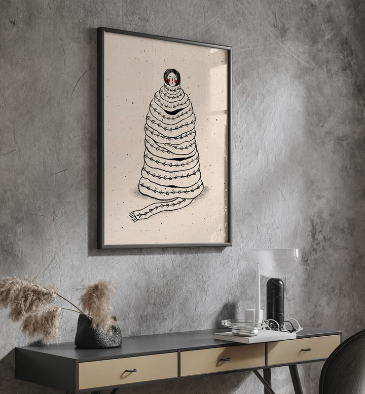 Cuddled Up in Knits By Julia Leister Wall Art Prints in Black Plain Frame on a wall placed above a table