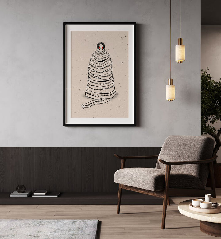 Cuddled Up in Knits By Julia Leister Wall Art Prints in Black Frame With Mount on a wall placed beside a chair