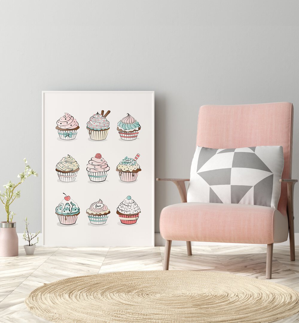 Cupcakes by Martina Kitchen Art Prints placed on wall 