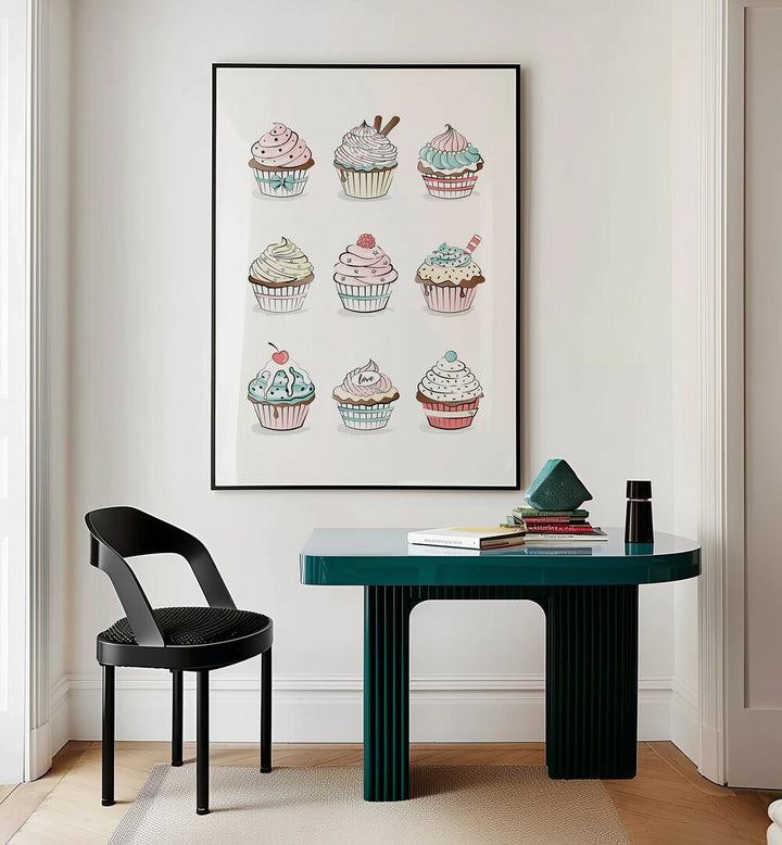 Cupcakes by Martina Kitchen Art Prints placed on wall 