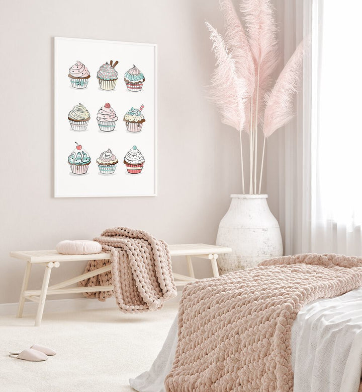 Cupcakes by Martina Kitchen Art Prints placed on wall 